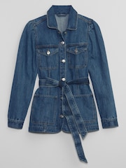 Gap Blue Belted Puff Sleeve Denim Jacket with Washwell - Image 4 of 5