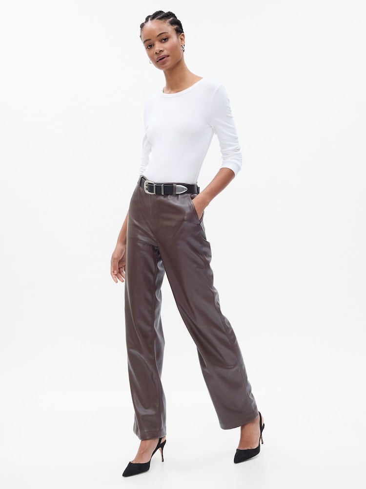 Gap Brown Mid Rise Faux-Leather Loose Trousers - Image 1 of 5