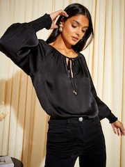 Friends Like These Black Tie Neck Long Sleeve Blouse - Image 3 of 4