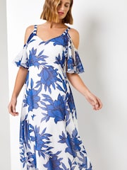 Roman Blue Linear Floral Print Cold Shoulder Dress - Image 1 of 1
