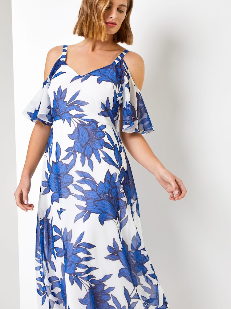 Roman Blue Linear Floral Print Cold Shoulder Dress - Image 1 of 1