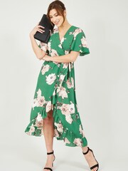 Mela Green Floral Wrap Front Detail Midi Dress - Image 1 of 5