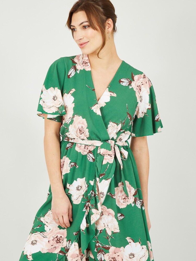 Mela Green Floral Wrap Front Detail Midi Dress - Image 2 of 5