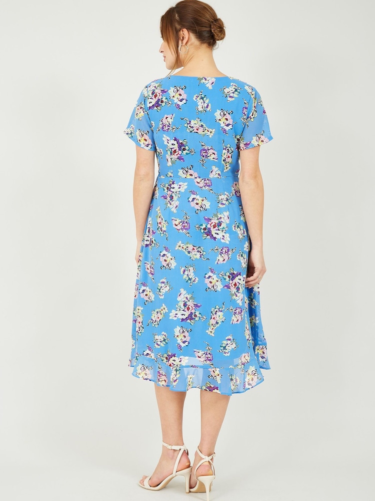 Yumi Blue Floral Print Wrap Midi Dress - Image 1 of 2