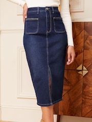Love & Roses Dark Blue Braided Pocket Denim Midi Skirt - Image 1 of 4