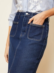 Love & Roses Dark Blue Braided Pocket Denim Midi Skirt - Image 2 of 4