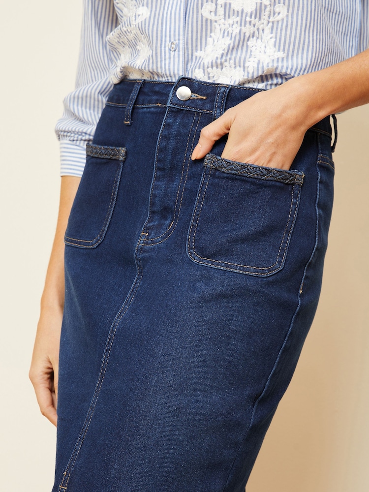 Love & Roses Dark Blue Braided Pocket Denim Midi Skirt - Image 2 of 4 Love & Roses Dark Blue Braided Pocket Denim Midi Skirt - Image 2 of 4