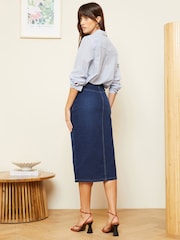Love & Roses Dark Blue Braided Pocket Denim Midi Skirt - Image 3 of 4