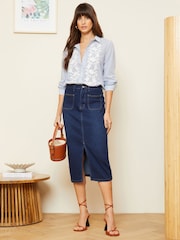 Love & Roses Dark Blue Braided Pocket Denim Midi Skirt - Image 4 of 4