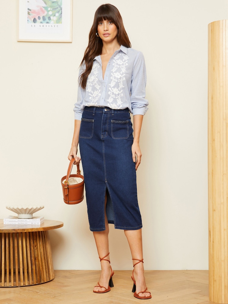Love & Roses Dark Blue Braided Pocket Denim Midi Skirt - Image 4 of 4
