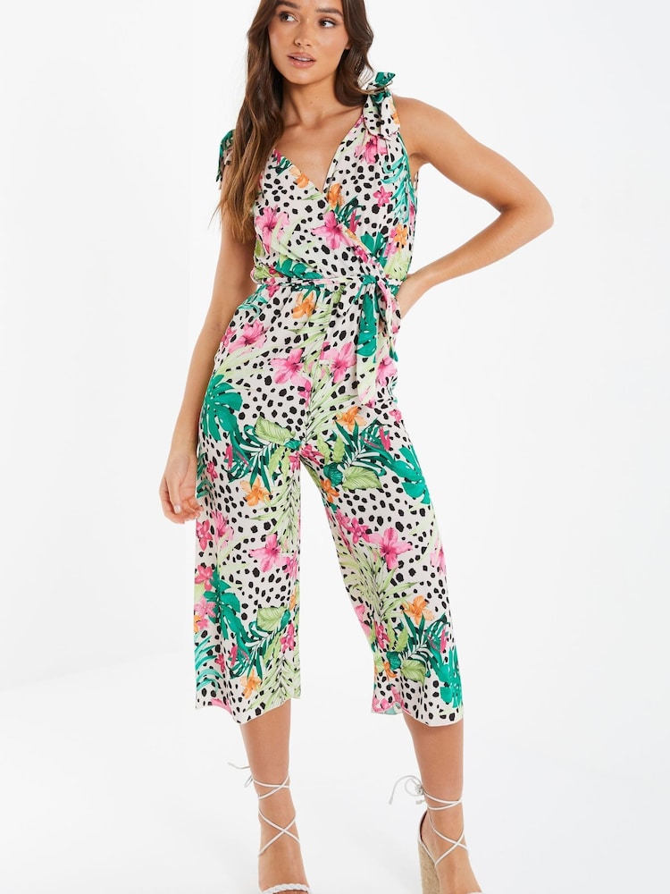 Quiz Cream Multi Tropical Print Wrap Culotte Jumpsuit - Image 1 of 4