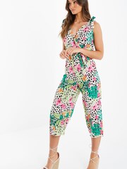 Quiz Cream Multi Tropical Print Wrap Culotte Jumpsuit - Image 2 of 4