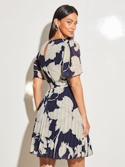 Lipsy Navy Blue Floral Short Flutter Sleeve Pleated Mini Dress - Image 1 of 4