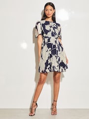 Lipsy Navy Blue Floral Short Flutter Sleeve Pleated Mini Dress - Image 2 of 4