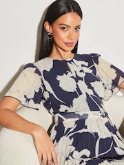 Lipsy Navy Blue Floral Short Flutter Sleeve Pleated Mini Dress - Image 3 of 4