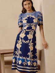 Lipsy Navy Woven Underbust Puff Sleeve Summer Midi Dress - Image 1 of 4