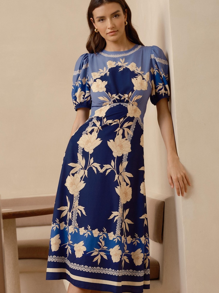 Lipsy Navy Woven Underbust Puff Sleeve Summer Midi Dress - Image 1 of 4