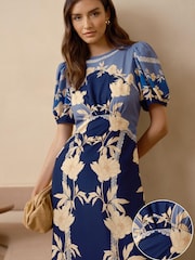 Lipsy Navy Woven Underbust Puff Sleeve Summer Midi Dress - Image 2 of 4