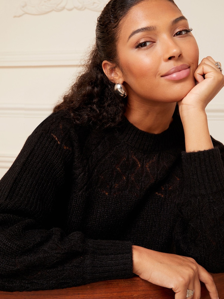 Love & Roses Black Textured Woven Supersoft Knitted Mix Long Sleeve Jumper - Image 2 of 4