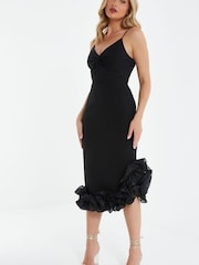 Quiz Black Midi Dress with Knot Front and Ruffle Hem - Image 1 of 3
