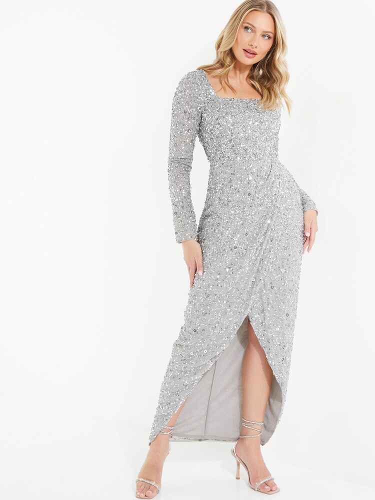 Quiz Silver Grey Sequin Long Sleeve Wrap Maxi Dress - Image 1 of 4