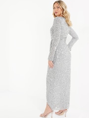 Quiz Silver Grey Sequin Long Sleeve Wrap Maxi Dress - Image 2 of 4