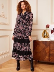 Love & Roses Black and Pink Floral Printed V Neck Belted Long Sleeve Midi Dress - Image 1 of 4