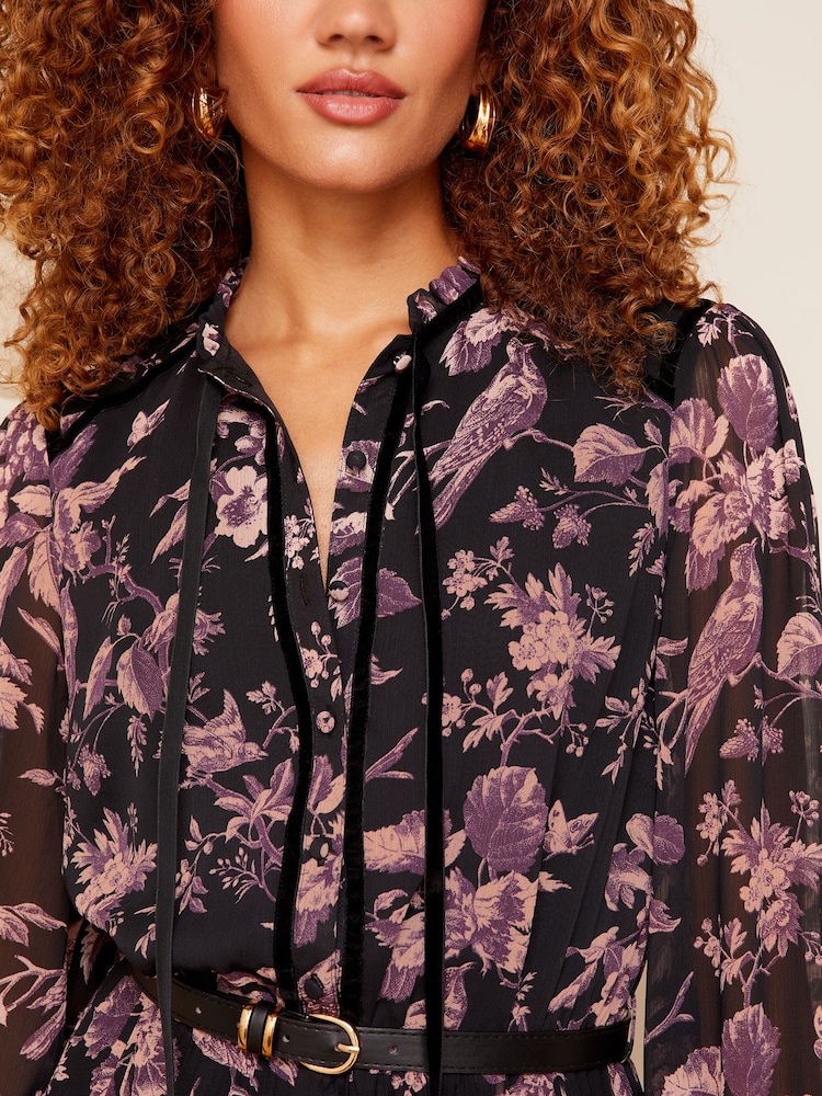 Love & Roses Black and Pink Floral Printed V Neck Belted Long Sleeve Midi Dress - Image 2 of 4