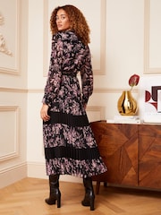 Love & Roses Black and Pink Floral Printed V Neck Belted Long Sleeve Midi Dress - Image 3 of 4