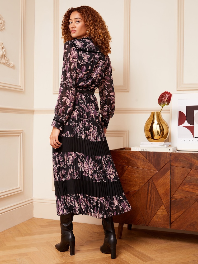 Love & Roses Black and Pink Floral Printed V Neck Belted Long Sleeve Midi Dress - Image 3 of 4