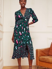 Love & Roses Green Animal V Neck Twist Front Long Sleeve Midi Dress - Image 1 of 4