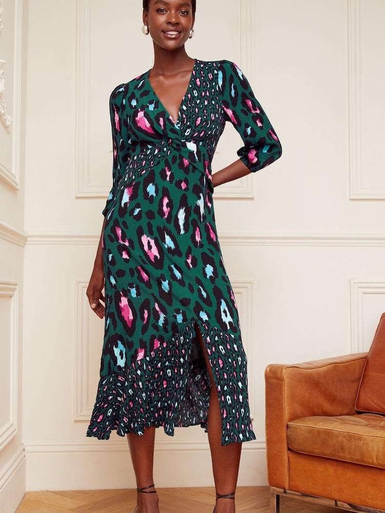 Love & Roses Green Animal V Neck Twist Front Long Sleeve Midi Dress - Image 1 of 4