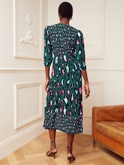 Love & Roses Green Animal V Neck Twist Front Long Sleeve Midi Dress - Image 3 of 4