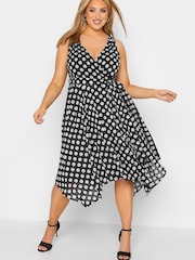 Yours Curve Black London Polka Dot Hanky Hem Wrap Dress - Image 1 of 1