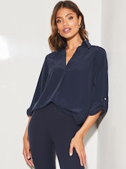 Lipsy Navy Dark V Neck 3/4 Sleeve Collared Blouse - Image 1 of 4