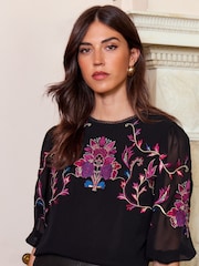 V&A | Love & Roses Black Embroidery Embroidered Round Neck Puff Sleeve Blouse - Image 1 of 4