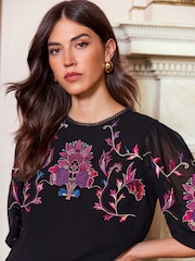 V&A | Love & Roses Black Embroidery Embroidered Round Neck Puff Sleeve Blouse - Image 2 of 4