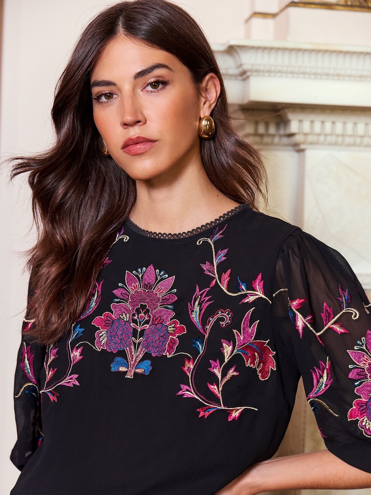 V&A | Love & Roses Black Embroidery Embroidered Round Neck Puff Sleeve Blouse - Image 2 of 4