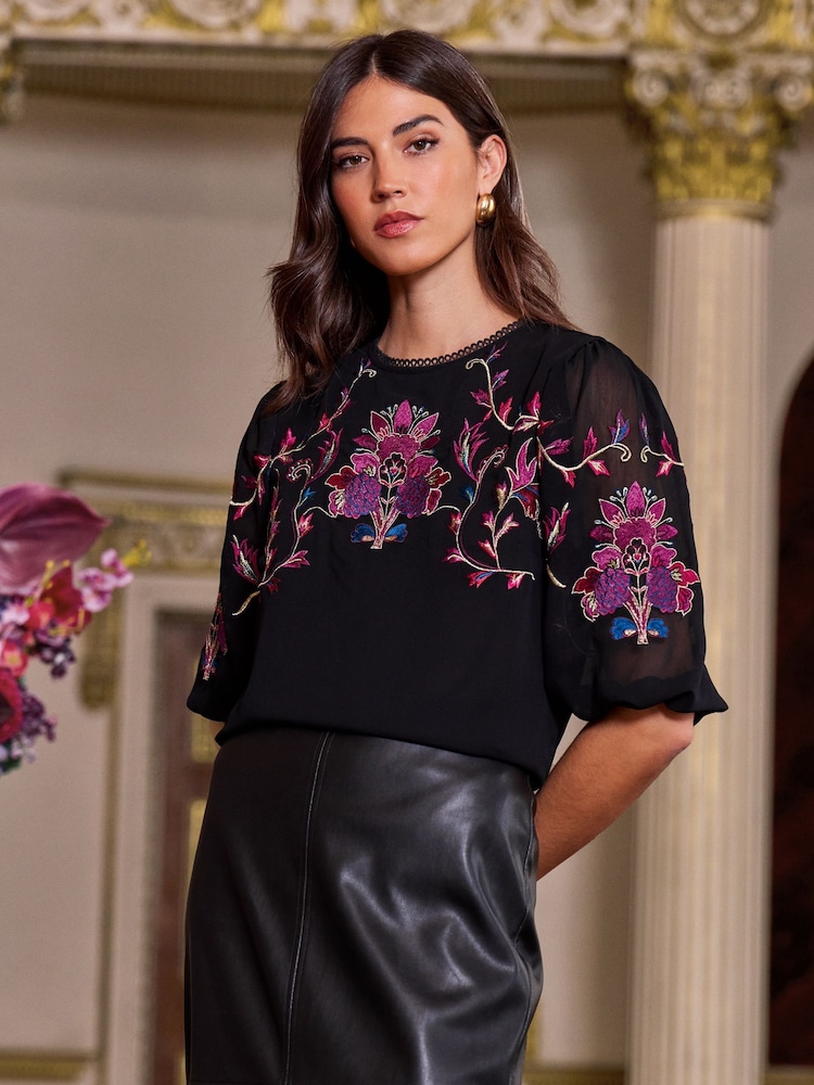 V&A | Love & Roses Black Embroidery Embroidered Round Neck Puff Sleeve Blouse - Image 4 of 4
