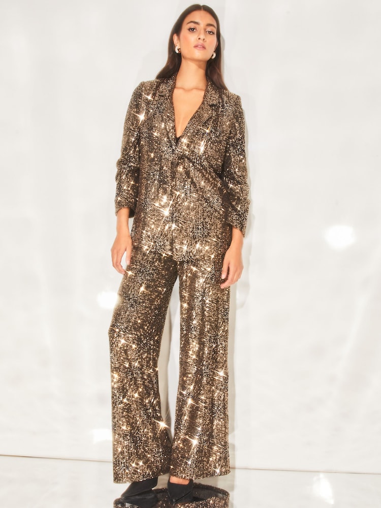 Lipsy Gold Sequin Wide Leg Trousers - Image 2 of 4