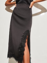 Lipsy Black Satin Bias Cut Midi Skirt with Lace Detailing - Image 4 of 4
