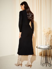 Friends Like These Black High Neck Knitted Pleated Long Sleeve Midi Dress - Image 4 of 4