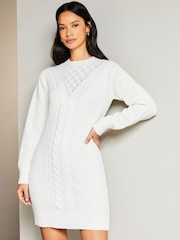 Lipsy Ivory White Cosy Pointelle Crew Neck Knitted Jumper Dress - Image 1 of 4