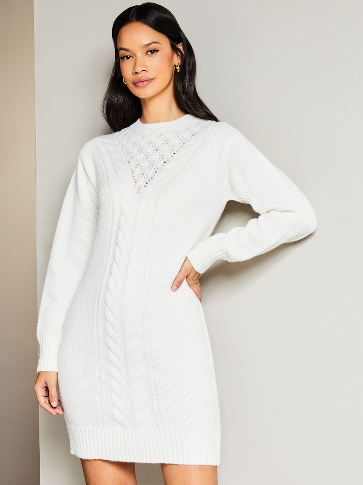 Lipsy Ivory White Cosy Pointelle Crew Neck Knitted Jumper Dress - Image 1 of 4