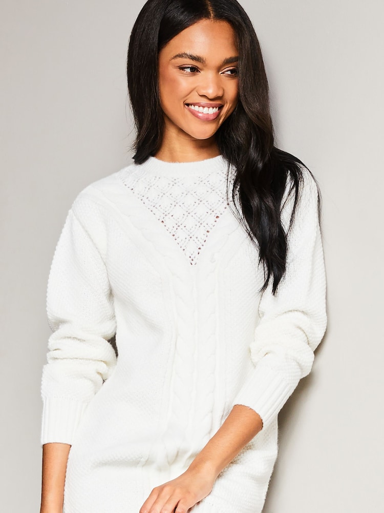 Lipsy Ivory White Cosy Pointelle Crew Neck Knitted Jumper Dress - Image 4 of 4