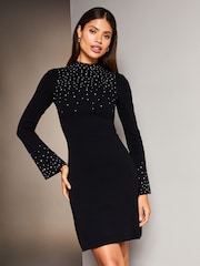 Lipsy Black Long Sleeve Ombre Hot Fix Knitted Dress - Image 1 of 4