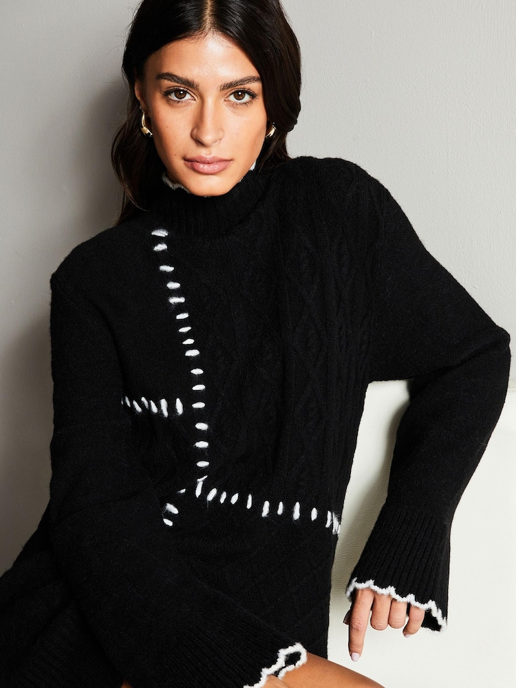 Lipsy Black Whipstitch Knitted Jumper Dress - Image 4 of 4