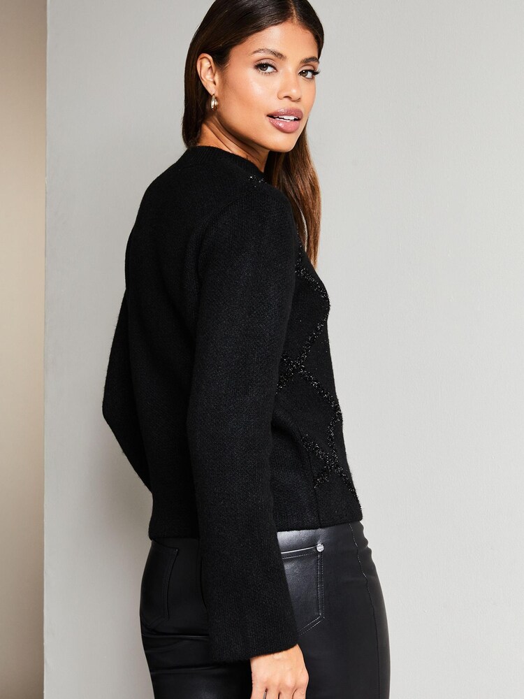 Lipsy Black Tinsel Argyl Crew Neck Knitted Jumper - Image 2 of 4