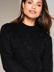Lipsy Black Tinsel Argyl Crew Neck Knitted Jumper - Image 4 of 4