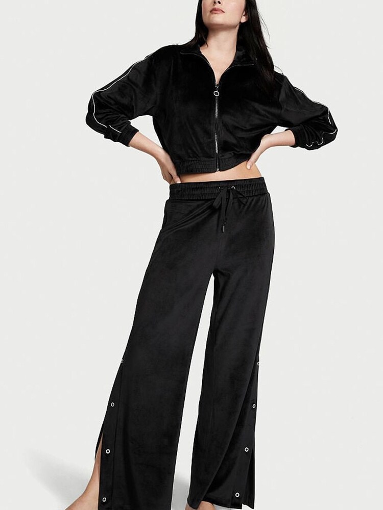 Victoria's Secret Pure Black Velour Wide Leg Pant With Diamante Snaps - Image 1 of 3